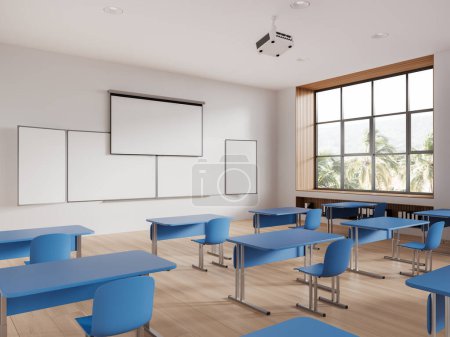 Foto de Interior de aula minimalista vacío con escritorio y sillas en fila, vista lateral maqueta pizarra vacía y proyector con pantalla. Ventana panorámica de los trópicos. Renderizado 3D - Imagen libre de derechos