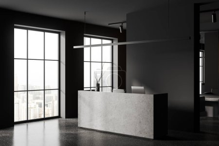Photo for Dark barber shop interior with reception desk and decoration, side view panoramic window on Kuala Lumpur. Hairdressing salon with minimalist furniture on grey concrete floor. 3D rendering - Royalty Free Image