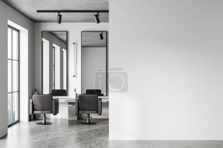 Photo for Cozy barber shop interior with large mirrors, grey concrete floor. Black armchairs in row and accessories on table. Panoramic window on skyscrapers and mock up empty partition. 3D rendering - Royalty Free Image
