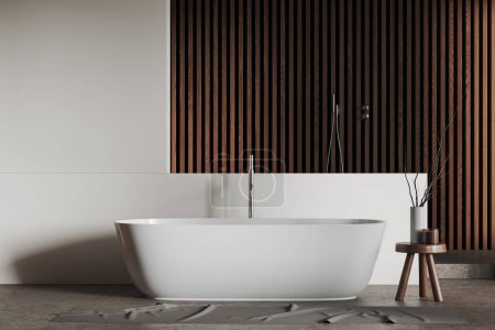Foto de Interior de baño moderno con paredes blancas y de madera, suelo de hormigón, cómoda bañera blanca y ducha a ras de suelo. renderizado 3d - Imagen libre de derechos