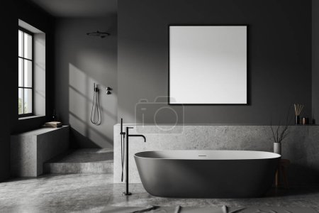 Photo for Dark hotel bathroom interior with bathtub and douche on podium, panoramic window on countryside, carpet on grey concrete floor. Mock up canvas poster. 3D rendering - Royalty Free Image