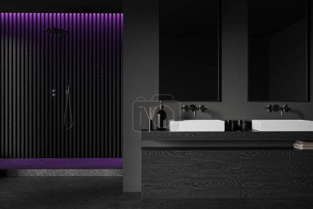 Téléchargez les photos : Dark home salle de bain intérieure avec double lavabo et douche, commode sur sol en béton noir. Zone de baignade moderne avec accessoires minimalistes et miroir. rendu 3D - en image libre de droit