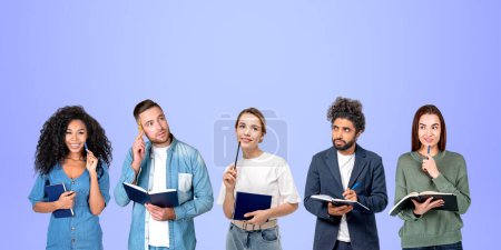 Photo for Portrait of five diverse college students with notebooks and pens standing in row over purple background. Concept of teamwork, brainstorming, creativity and education - Royalty Free Image