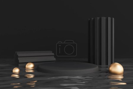 Photo for Minimalist black platform floating on water, mockup for goods display and advertising, geometric gold shapes. Product presentation and discount. 3D rendering illustration - Royalty Free Image