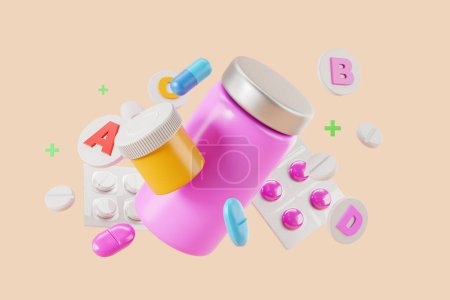 Téléchargez les photos : Bocaux médicaux colorés maquettes, pilules dans l'emballage et des icônes de vitamines flottant ensemble sur fond beige. Concept d'immunité, médicaments et soins de santé. Illustration de rendu 3D - en image libre de droit