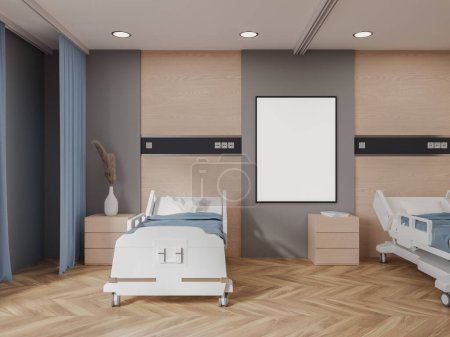 Photo for Cozy hospital room interior bed in row, drawer on hardwood floor. Wooden and blue, stylish and equipped medical treatment place with furniture and mock up canvas poster. 3D rendering - Royalty Free Image