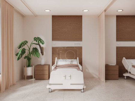 Foto de Interior de la moderna sala de hospital con paredes de color beige y madera, suelo de baldosas, cómoda cama con manta marrón y mesita de noche de madera. renderizado 3d - Imagen libre de derechos