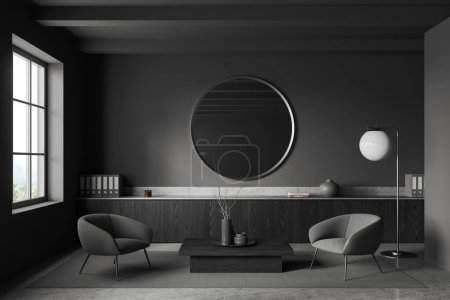 Téléchargez les photos : Intérieur du salon élégant avec des murs gris, deux fauteuils confortables debout près de la table basse, commode en bois sombre et miroir rond sur le mur. Rendu 3d - en image libre de droit