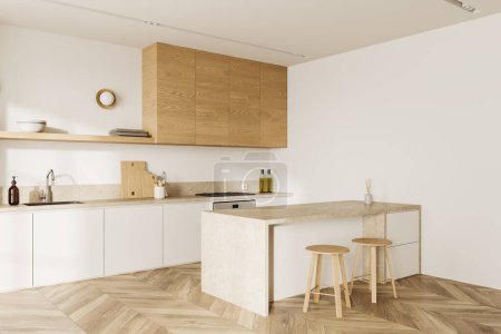 Téléchargez les photos : Blanc et bois intérieur de la maison cuisine avec îlot de bar, vue latérale deux tabourets sur plancher de bois franc. Coin cuisine avec étagères et ustensiles de cuisine minimalistes avec évier et cuisinière. rendu 3D - en image libre de droit