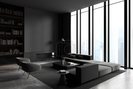 Foto de Hogar oscuro salón interior con sofá y sillones, alfombra vista lateral sobre piso de hormigón gris. Ventana panorámica de Singapur. Mock up pared gris vacía. Renderizado 3D - Imagen libre de derechos