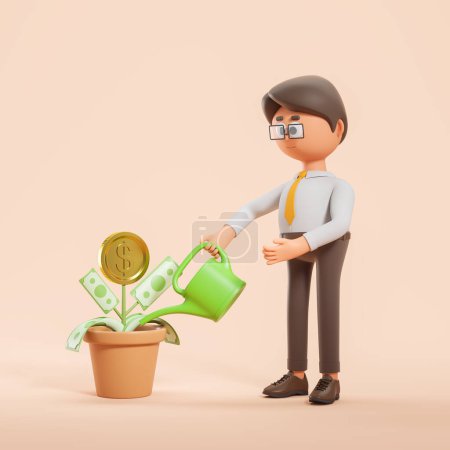 Photo for 3d rendering. Cartoon character businessman water a money tree, green banknote and dollar coin in a pot on beige background. Concept of currency, investment and success illustration - Royalty Free Image