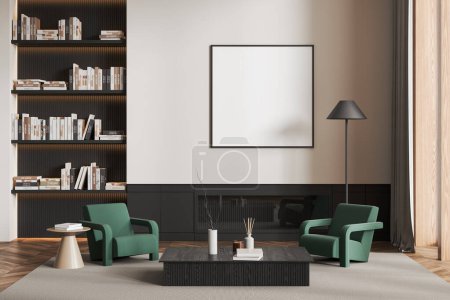 Photo for Stylish living room interior with two armchairs and coffee table, shelf with home library and fireplace, carpet on hardwood floor. Lounge zone with mock up square canvas poster. 3D rendering - Royalty Free Image