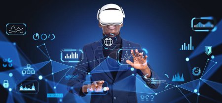 Photo for Black businessman in vr glasses headset, hands touching virtual screen with digital icons, big data research with statistics. Concept of business analysis and futuristic technology - Royalty Free Image