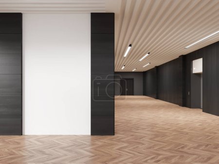 Téléchargez les photos : Hall d'affaires intérieur avec plancher de bois franc, couloir d'entreprise avec long couloir, chambres privées et portes. Partition d'espace de copie blanche pour annonce et annonce. rendu 3D - en image libre de droit