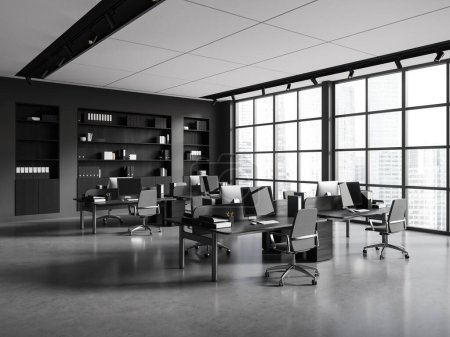 Photo for Dark stylish office interior with armchairs and pc computer on work desk, side view grey concrete floor. Business coworking place with panoramic window on skyscrapers. 3D rendering - Royalty Free Image