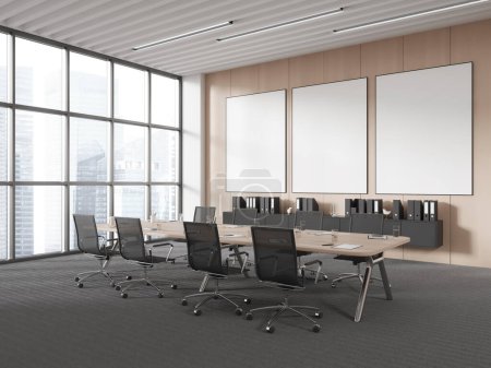 Photo for Wooden conference room interior with board, side view office chairs and sideboard with folders. Business meeting corner with panoramic window. Mock up canvas posters in row. 3D rendering - Royalty Free Image