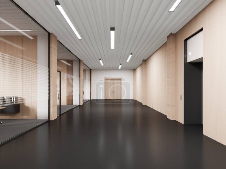 Stylish business hall interior with glass doors and work zone with furniture, hallway with black concrete floor. Long corridor with private rooms for clients and staff. 3D rendering