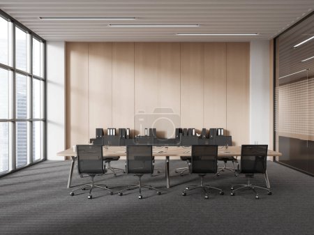 Téléchargez les photos : Intérieur de la salle de réunion moderne avec des murs blancs et en bois, sol moquette gris, longue table de conférence avec des chaises grises et armoire avec des dossiers. Rendu 3d - en image libre de droit