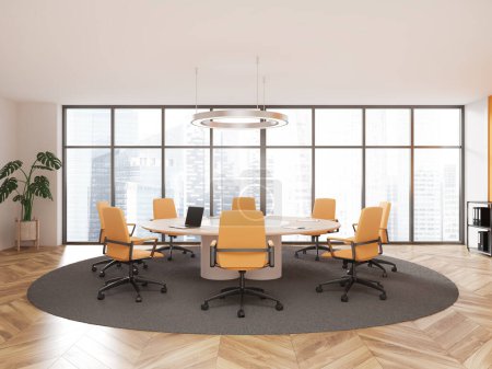 Foto de Interior de la sala de negocios blanca con sillones y mesa de reuniones, alfombra en piso de madera. Oficina espacio para conferencias con ventana panorámica en Singapur vista de la ciudad. Renderizado 3D - Imagen libre de derechos