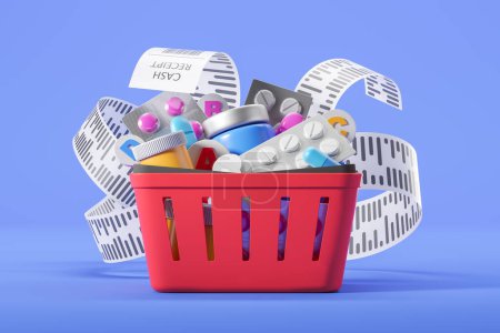 Photo for Red shopping basket with drugs and pills with vitamins, long cash receipt on blue background. Concept of healthcare and high price of medicine. 3D rendering illustration - Royalty Free Image