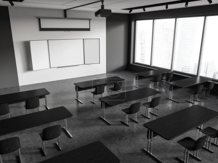 Photo for Top view of black and white classroom interior with desk and chairs in row, mock up copy space empty chalkboard and projector with screen. Panoramic window on skyscrapers. 3D rendering - Royalty Free Image