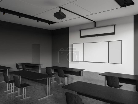 Photo for Corner of stylish school classroom with white and gray walls, rows of dark wooden tables and blank mock up whiteboard. 3d rendering - Royalty Free Image