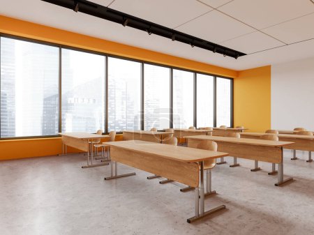 Foto de Esquina del aula de la escuela moderna con paredes blancas y amarillas, piso de hormigón, fila de mesas de madera con sillas y ventana panorámica. renderizado 3d - Imagen libre de derechos