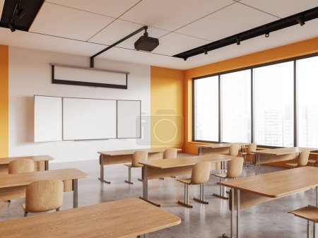 Foto de Interior de la habitación de clase amarilla y blanca con escritorio y sillas en fila, vista lateral simulan pizarra vacía y pantalla con proyector en el techo. Ventana panorámica sobre rascacielos. Renderizado 3D - Imagen libre de derechos
