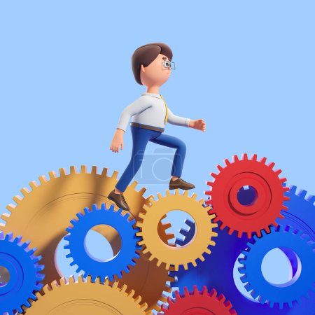 Photo for View of cartoon businessman walking on colorful cogwheels over blue background. Concept of business management, teamwork and brainstorming. 3d rendering - Royalty Free Image
