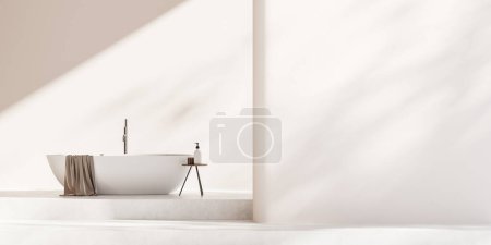 Foto de Interior de baño blanco con bañera y taburete con accesorios, podio de hormigón ligero. Zona de baño moderna con sombra abstracta. Mockup pared vacía. Renderizado 3D - Imagen libre de derechos