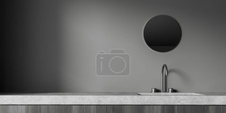 Photo for Dark bathroom interior with sink and round mirror. Minimalist bathing area with mockup copy space empty wall. 3D rendering - Royalty Free Image