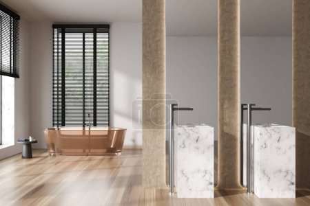 Photo for Beige bathroom interior with bathtub and double sink with tall mirror, mixer mounted hardwood floor. Modern bathing area with panoramic window on tropics. 3D rendering - Royalty Free Image