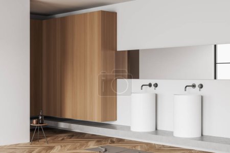 Téléchargez les photos : Intérieur salle de bain blanche avec double lavabo et commode en bois, vue latérale, tabouret avec accessoires sur parquet. rendu 3D - en image libre de droit