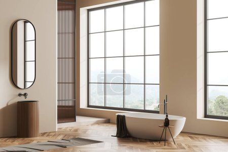 Foto de Elegante baño interior con lavabo y bañera con taburete, vista lateral, suelo de madera. Rincón de baño moderno con ventana panorámica al campo. Renderizado 3D - Imagen libre de derechos