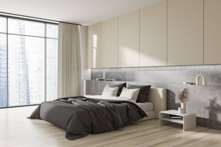 Photo for Corner view on bright bedroom interior with bed, bedsides, pillows, houseplant, wooden hardwood floor, panoramic window with Singapore view. Concept of minimalist design. Creative idea. 3d rendering - Royalty Free Image