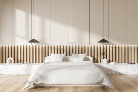 Foto de Interior de dormitorio beige con cama y decoración de arte elegante en el estante de mármol, piso de madera. Zona de descanso con contraluz y lámparas. Renderizado 3D - Imagen libre de derechos