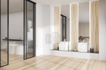 Photo for White studio interior with bathtub behind glass doors, side view, double sink and sleeping area with bed on hardwood floor. Stylish flat apartment with modern furniture. 3D rendering - Royalty Free Image
