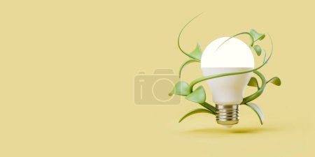 Téléchargez les photos : Ampoule enveloppée dans des feuilles de plantes sur fond clair, énergie verte et ressources. Concept de sources alternatives. Espace de copie. rendu 3D - en image libre de droit