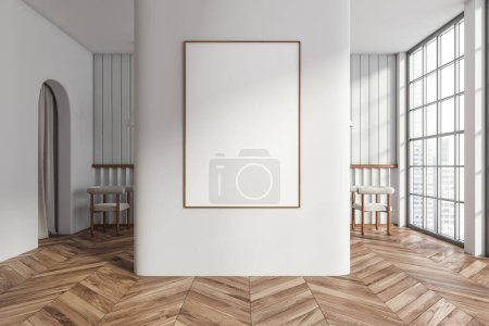 Téléchargez les photos : Intérieur moderne de café blanc avec chaises et table sur plancher de bois franc. Fenêtre panoramique sur les gratte-ciel de Singapour. Affiche en toile maquillée. rendu 3D - en image libre de droit