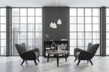Téléchargez les photos : Salon sombre intérieur avec deux fauteuils, table basse et tiroir avec décoration au sol en béton gris. Fenêtre panoramique sur Singapour vue sur la ville. rendu 3D - en image libre de droit