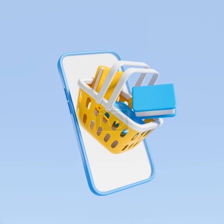 Foto de Gran pantalla de la maqueta del teléfono, cesta con libros sobre fondo azul. Concepto de compras y educación. Renderizado 3D - Imagen libre de derechos
