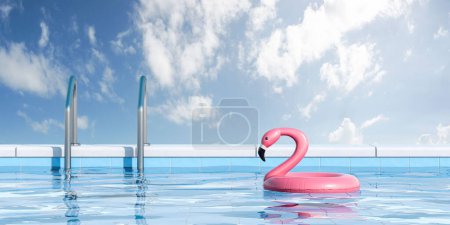 Téléchargez les photos : Anneau en caoutchouc Flamingo flottant dans une piscine hôtelière. Accessoire d'été gonflable et ciel nuageux. Concept de détente et de vacances. rendu 3D - en image libre de droit