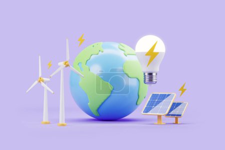 Foto de Tierra esfera con paneles solares y central eólica con lámpara y electricidad, fondo púrpura. Concepto de energía verde y ahorro planetario. Renderizado 3D - Imagen libre de derechos