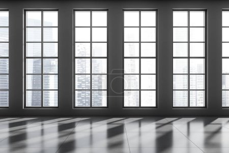 Photo for Dark empty hotel room interior with grey tile concrete floor, open space office or studio flat design. Panoramic window on Singapore city view. 3D rendering - Royalty Free Image