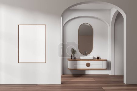 Foto de Interior del baño del hotel blanco con lavabo, terraza con accesorios y suelo de madera. Cartel de lienzo burlón antes de la entrada. Renderizado 3D - Imagen libre de derechos