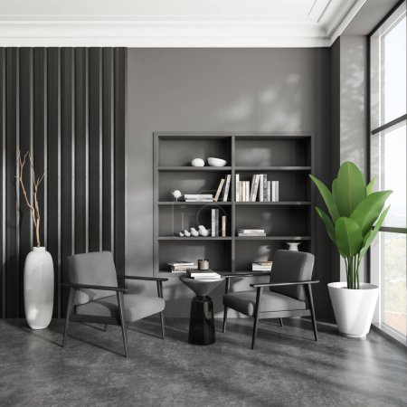Photo for Dark living room interior with two armchairs and coffee table on grey concrete floor. Shelf and coffee table with books. Plant near panoramic window on countryside. 3D rendering - Royalty Free Image