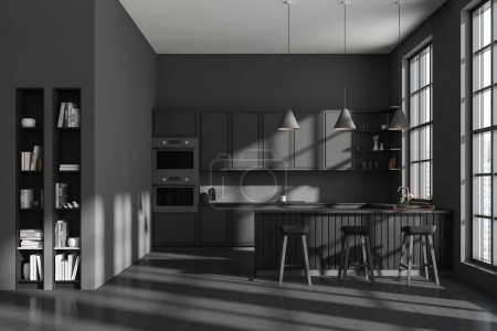 Photo for Front view on dark kitchen room interior with cupboard, grey wall, panoramic window, oven, coffee machine, shelves with books, gas cooker, island, barstool. Concept of minimalist design. 3d rendering - Royalty Free Image