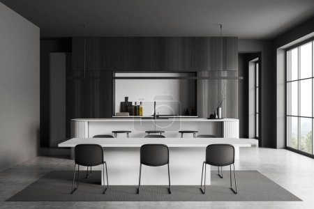 Photo for Dark kitchen interior with dining table and chairs, bar island with stool and decoration. Cooking area with kitchenware. Panoramic window on countryside view. 3D rendering - Royalty Free Image