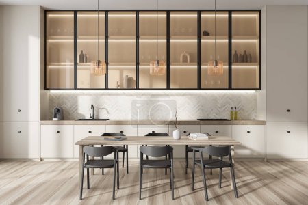 Photo for Front view on modern bright kitchen room interior with dining table, chairs, white walls, oak wooden floor, cupboards, crockery, lamp. Concept of minimalist design. 3d rendering - Royalty Free Image