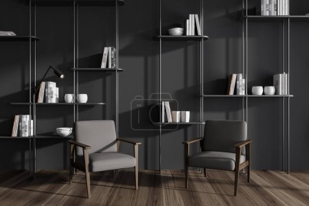 Photo for Dark living room interior with two armchairs on hardwood floor. Relaxing area with shelf, books and stylish decoration. 3D rendering - Royalty Free Image
